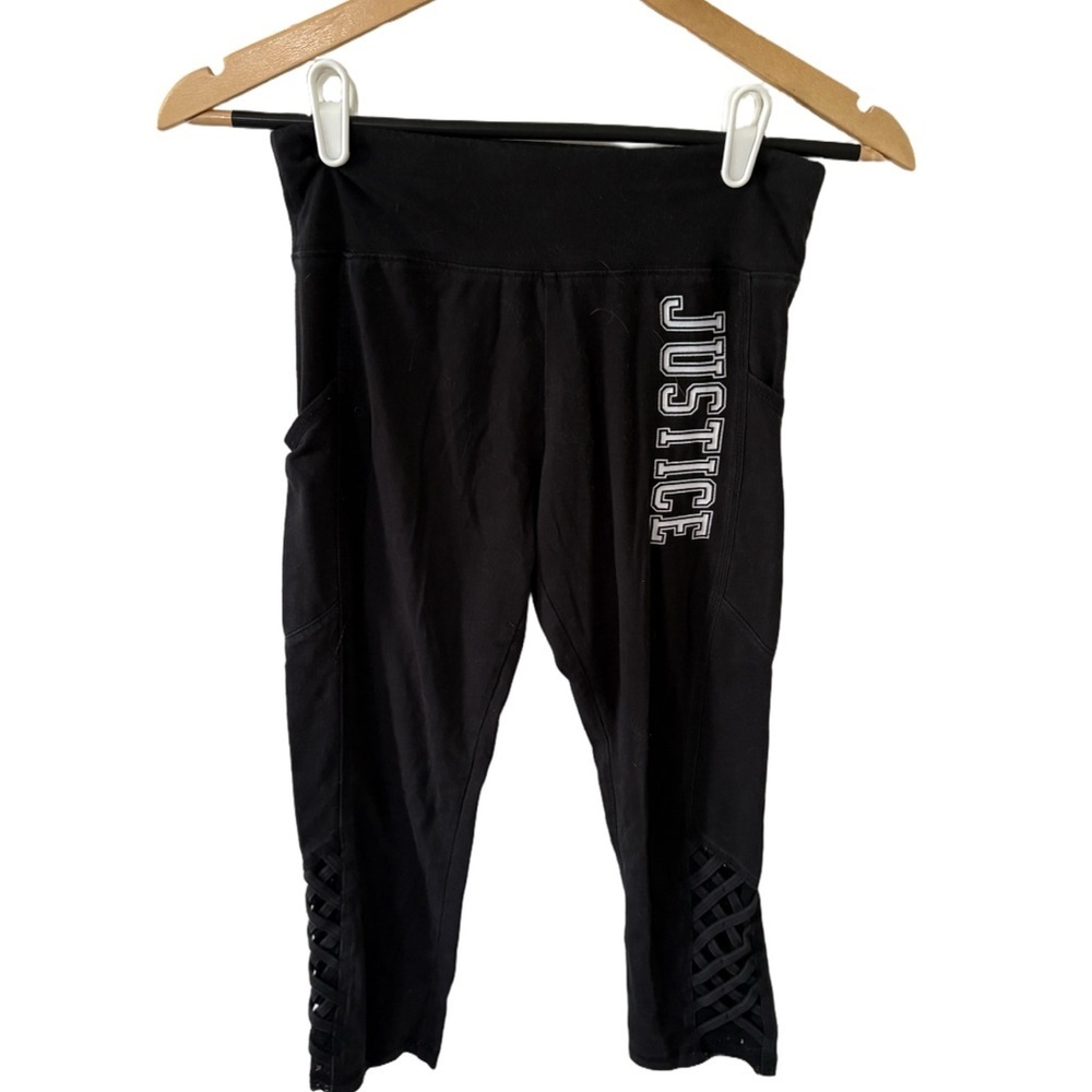 Justice Black Cropped Leggings with Lattice Hem